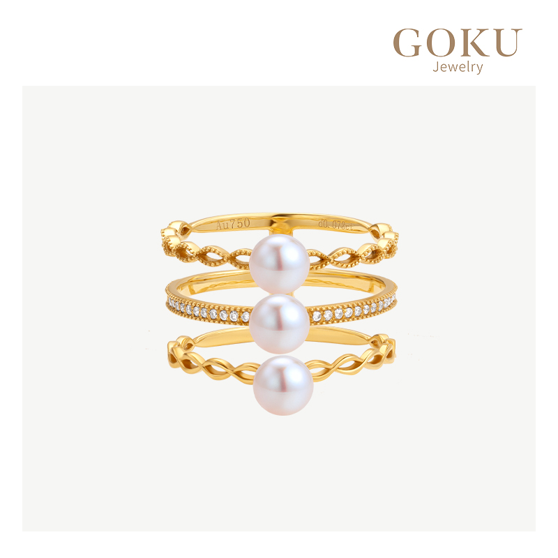GOKU18K金三颗联排海水珍珠钻石戒指Akoya设计师小众时尚精致手工