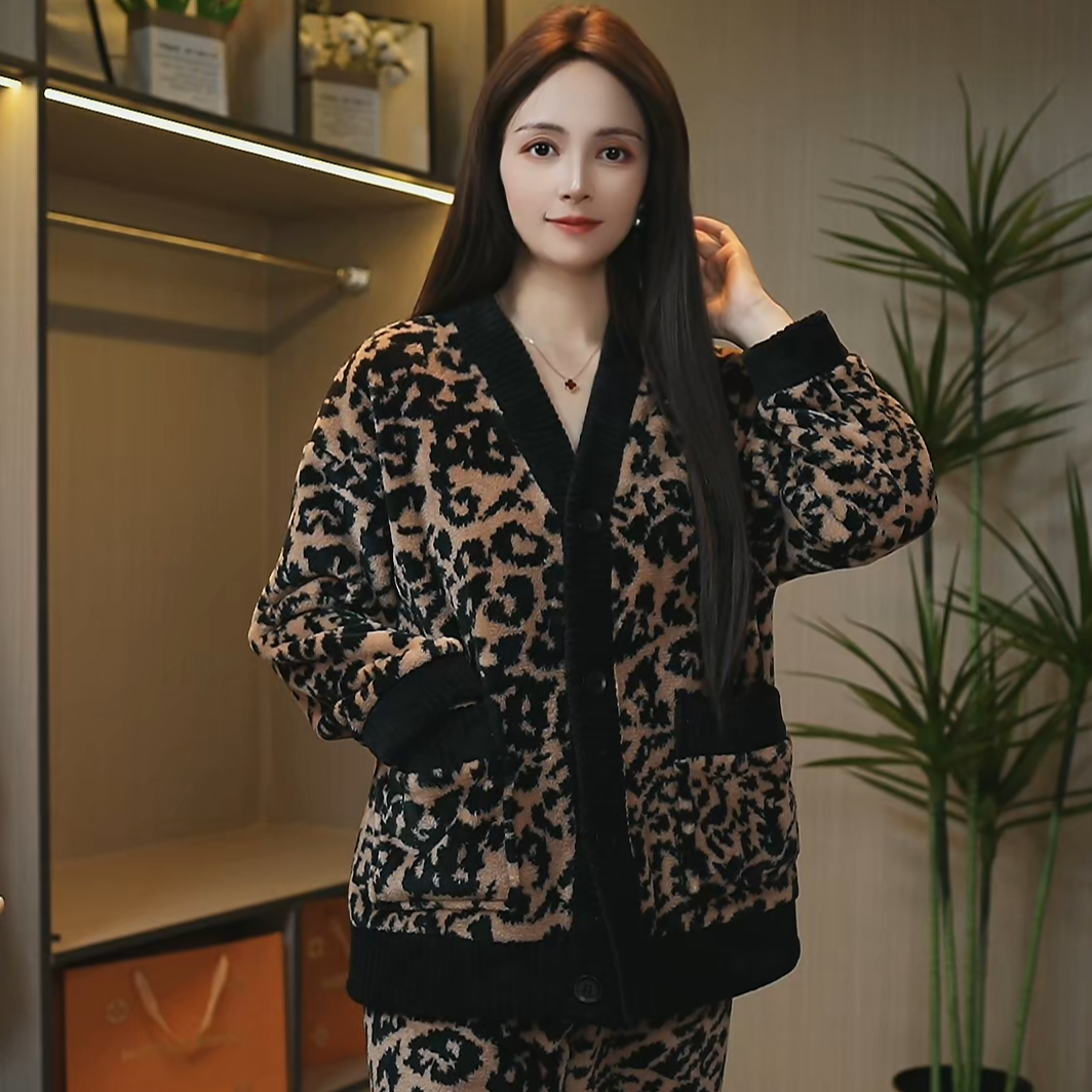 2025半边绒豹纹新款睡衣女秋冬家居服加绒加厚保暖套装可外穿