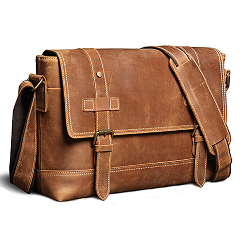 外贸热销款男士复古单肩包大容量疯马皮邮差包真皮斜挎包牛皮男包