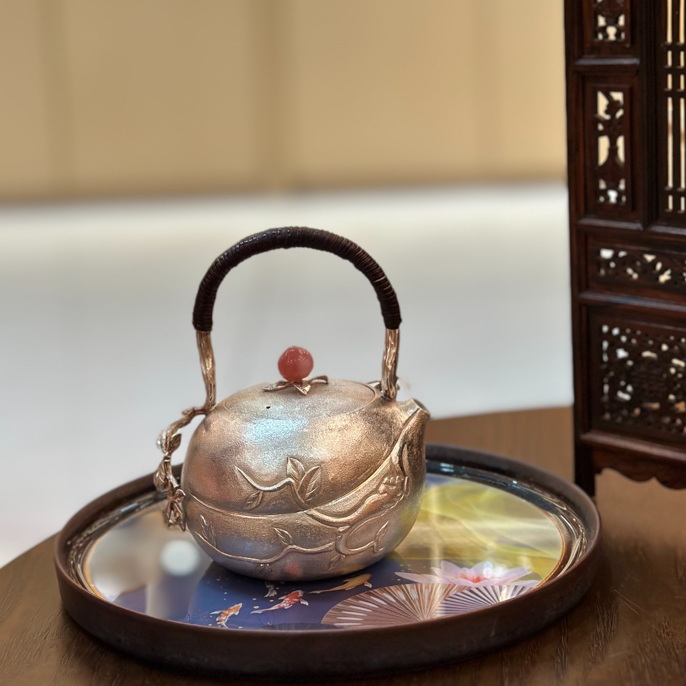 古悦手工艺品 桃子提梁泡茶壶足银纯手工家用精美茶具泡壶约140CC