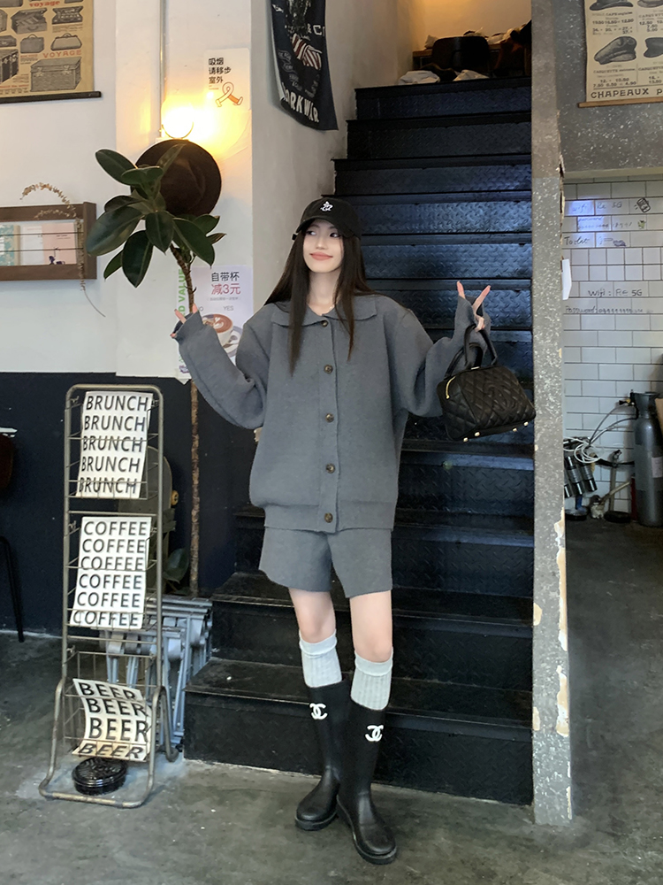 大码女装暮秋回廊polo毛衣厚实开衫外套+针织阔腿短裤套装