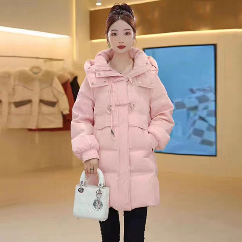 羽绒棉服女中长款2023冬季新款韩版白鸭绒纯色加厚保暖女士连帽外