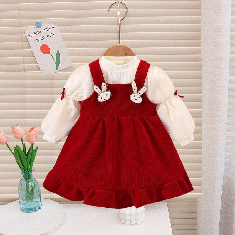 新品儿童童装新款童装2024女宝宝加绒礼服裙两件套女宝宝冬装拜年