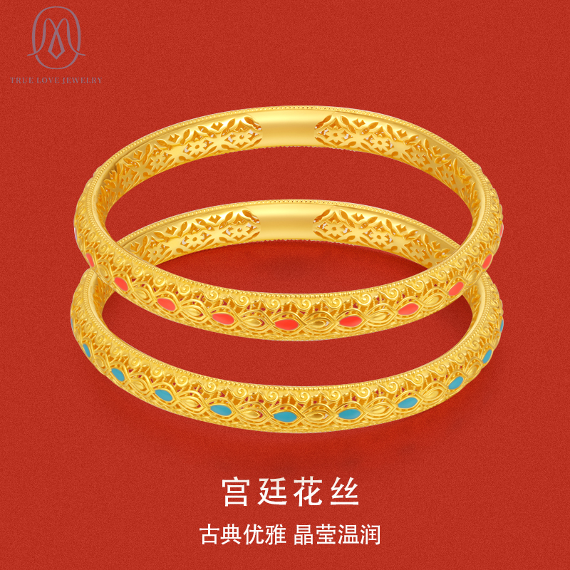 足银手镯 宫廷花丝手镯古法手工珐琅手镯女包金祥瑞龙鳞金镯子