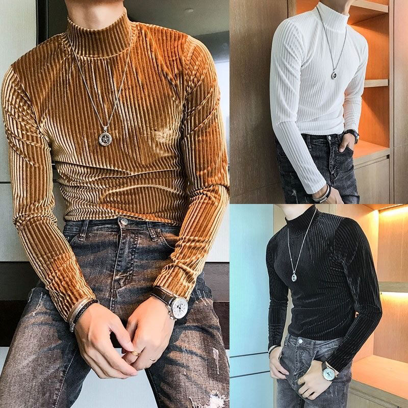 春季新款半高领丝绒布条纹长袖T恤男社会小伙修身中领保暖秋衣