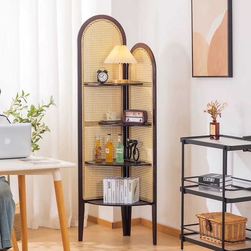 实木三角转角柜客厅复古墙角展示收纳置物架卧室藤编储物拐角柜子