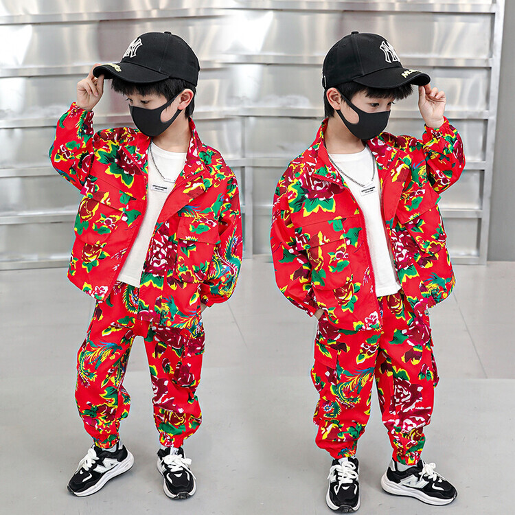 儿童运动套装男童炸街喜庆衣服酷帅2024新款洋气中国风春秋款印花