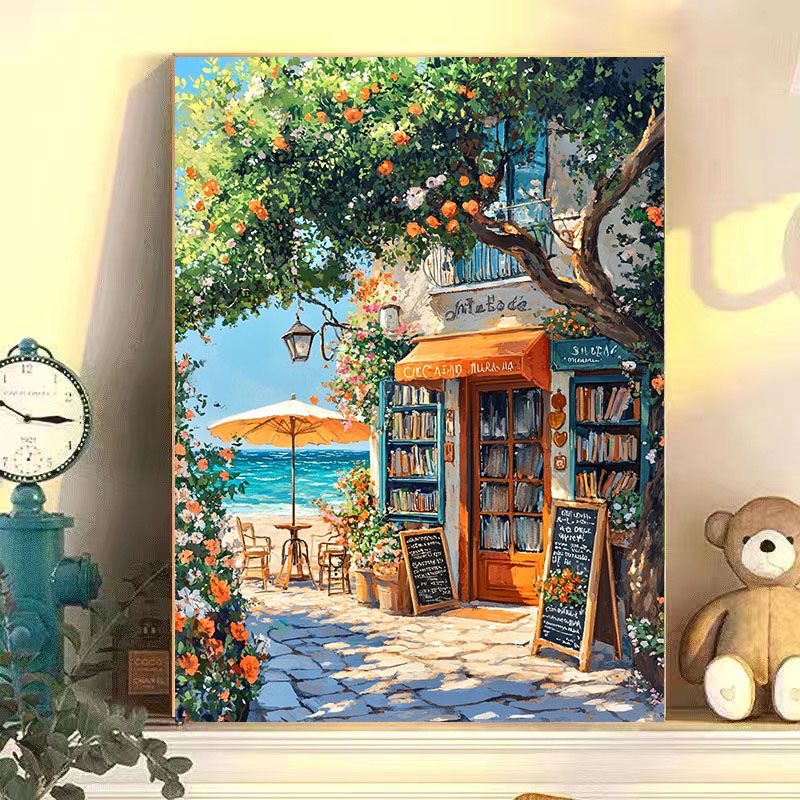 diy数字油画海边书店系列手工填充填色油画解压治愈系装饰挂画
