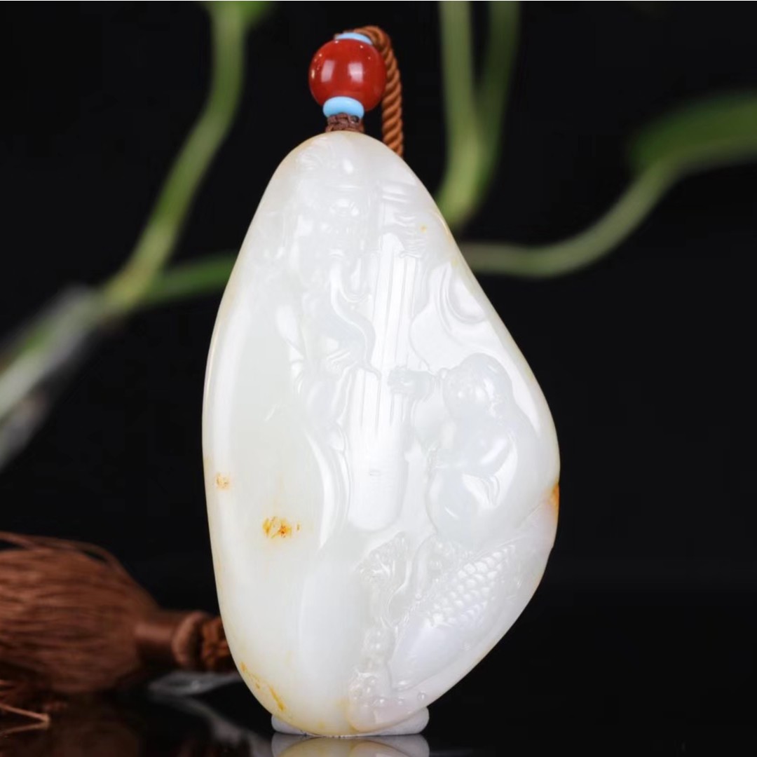 新疆和田玉洒金皮独籽老少同乐