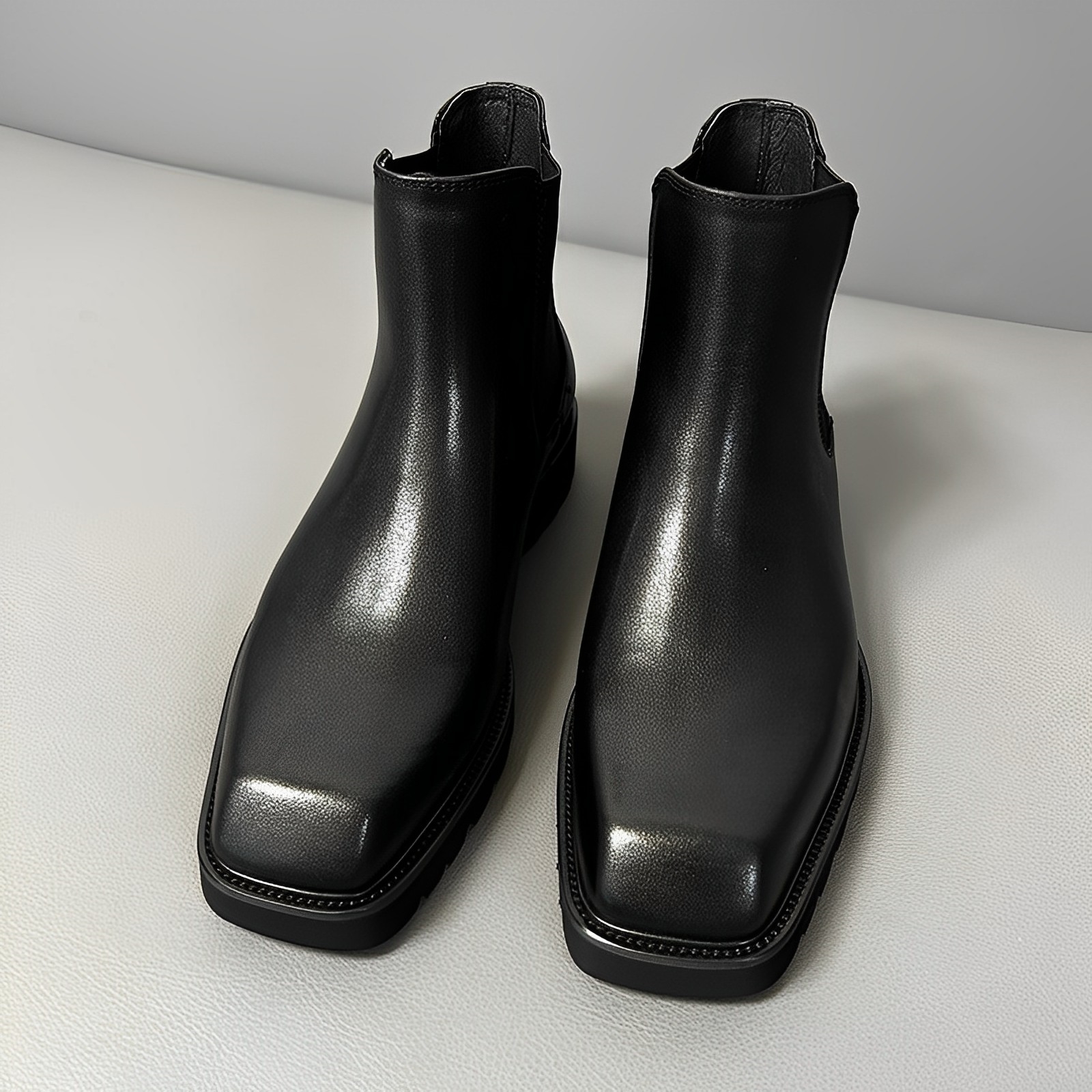 红蜻蜓牌秋冬加绒切尔西靴男高帮套脚真皮短靴子保暖黑色潮流方头