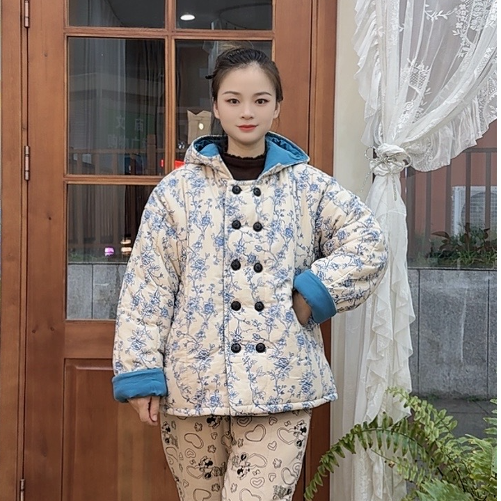 冬季新款睡衣加绒加厚三层夹棉保暖舒适新中式家居服碎花时尚连帽
