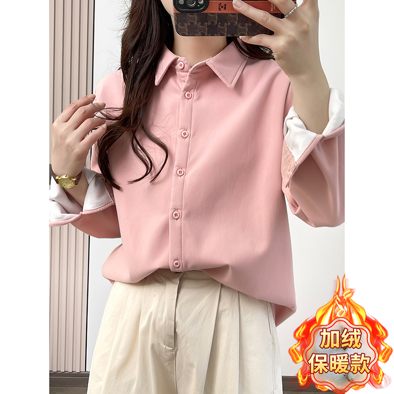 冬季新款加绒加厚纯色简约衬衫文艺休闲宽松保暖打底百搭上衣女装