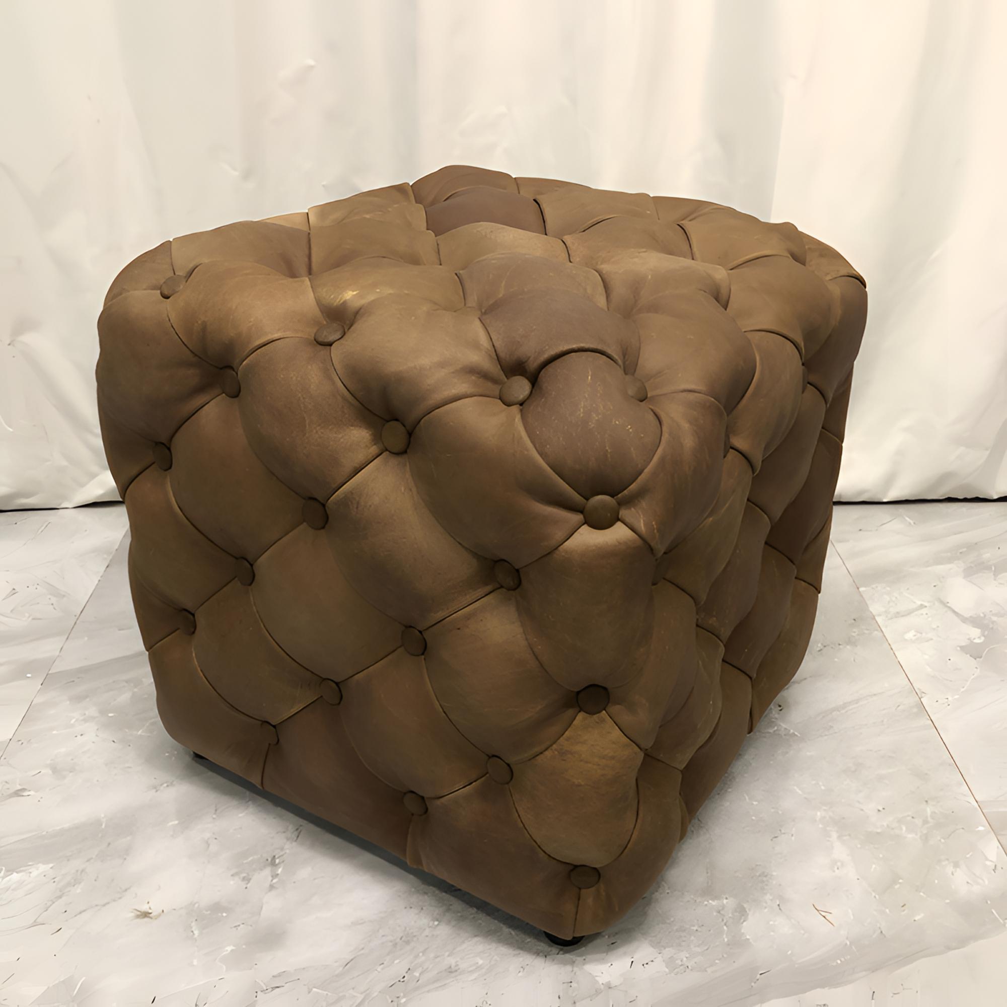 BORCH/博瑞奇头层牛皮脚凳土棕褐色真皮拉扣四方矮凳（08805）