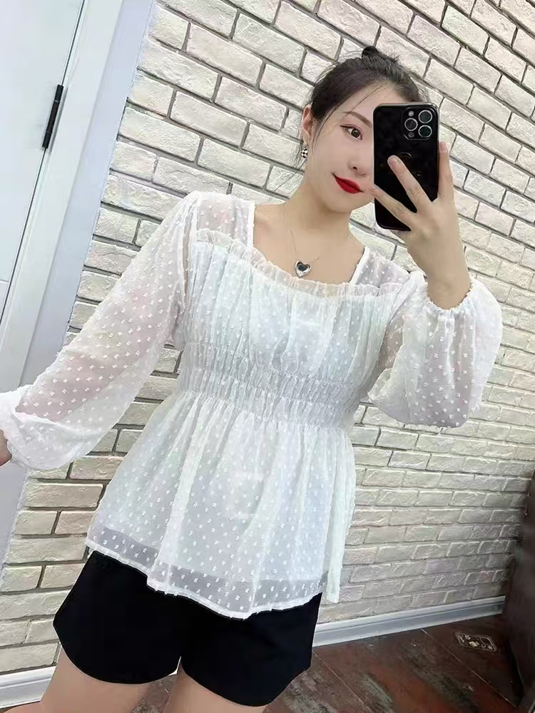 秋季新款大码8565方领网纱波点泡泡袖褶皱收腰显瘦衬衫上衣女