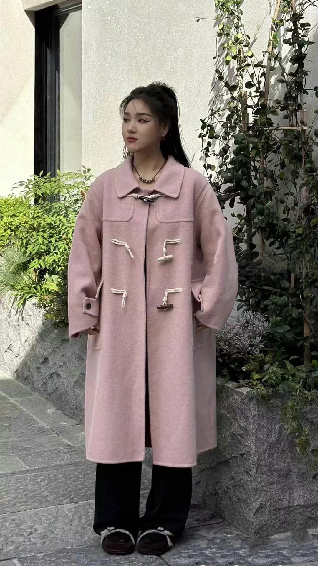 冬季新款大码D33韩版牛角扣双面绒大衣女中长款过膝外套女