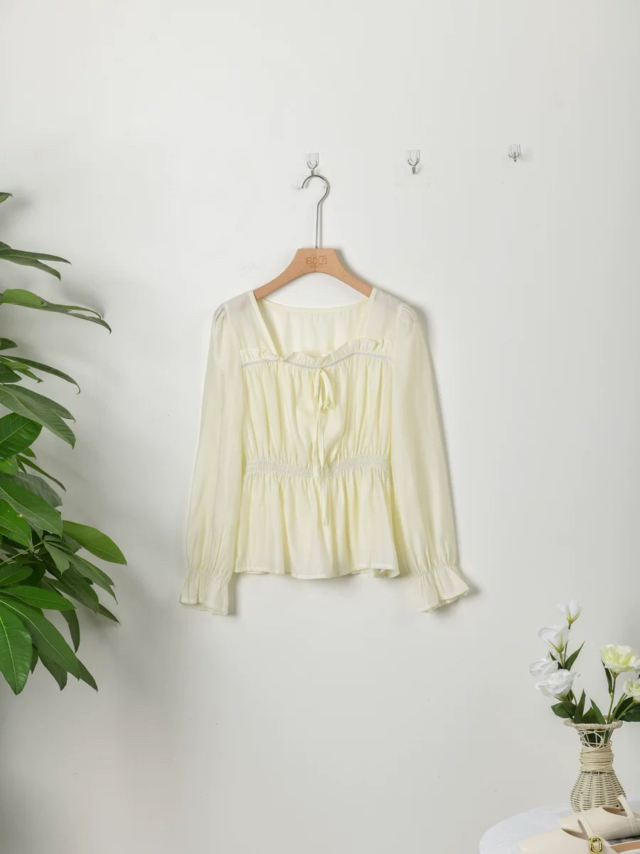 法式褶皱收腰锁骨方领雪纺衬衫秋季遮肚子宽松显瘦打底衫气质