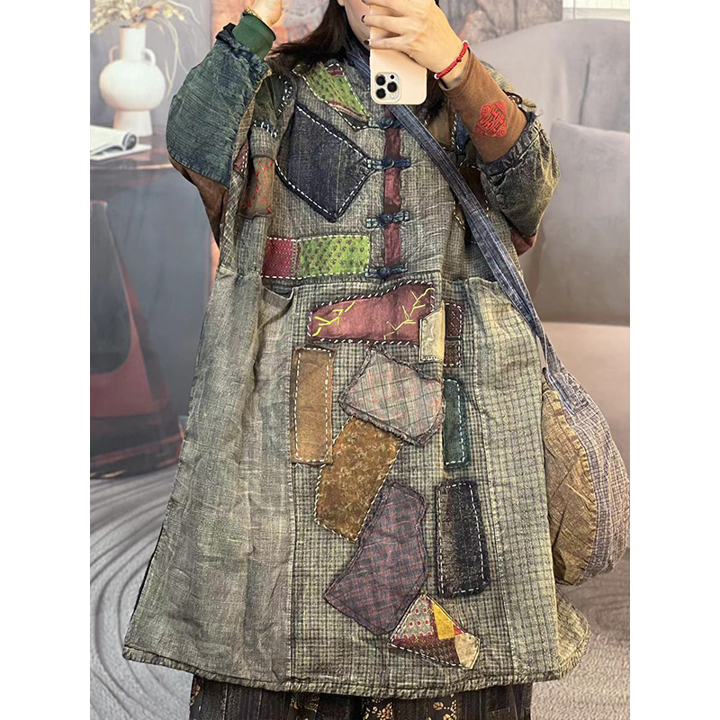 冬季新复古重工拼接风衣外套女休闲水洗做旧宽松长款印花气质374