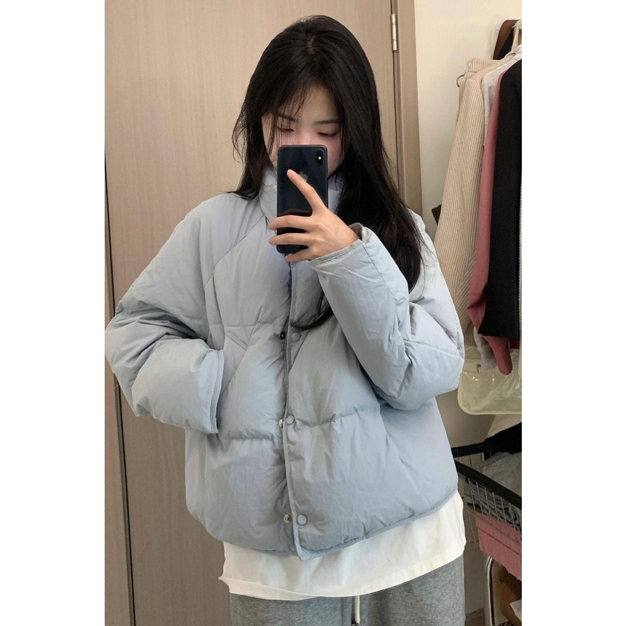 艾莱依奶蓝色羽绒服女短款2023年新款韩版小个子设计感白鸭绒外套
