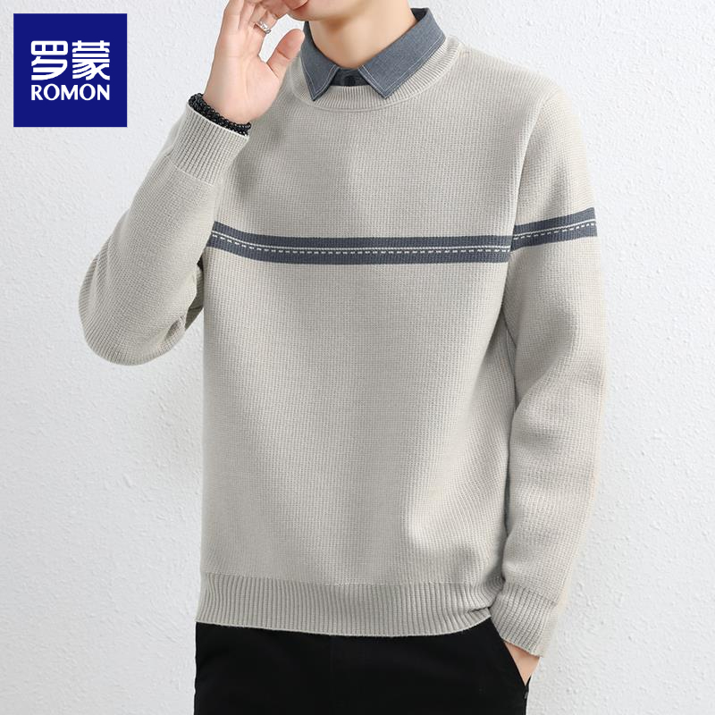 罗蒙假两件毛衣男士衬衫领内搭线衣秋冬季新款青年加厚高端针织衫