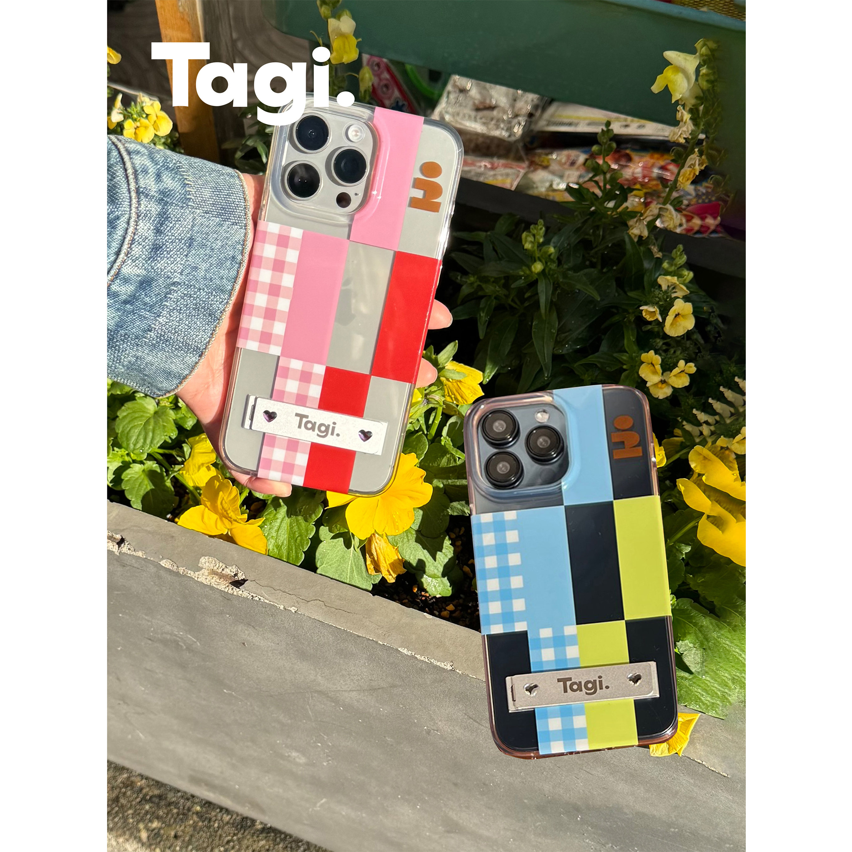 Tagi. 格纹积木《小尾巴》折叠金属爱心站立支架透明手机壳可爱