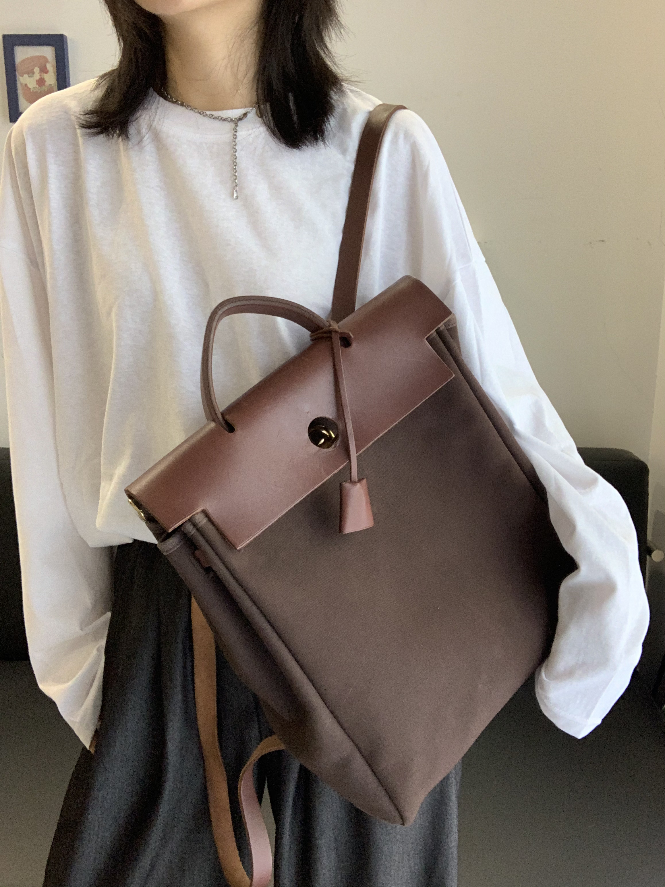 95新 Hermes/爱马仕 7 棕色金扣herbag双肩包