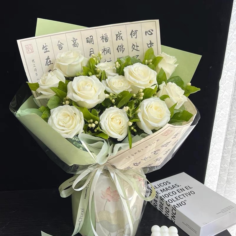 【昔日烟火】告白鲜花礼物11枝白玫瑰搭配茉莉国风花束3988款鲜花小时达同城配送送男友送女友同城送花上门