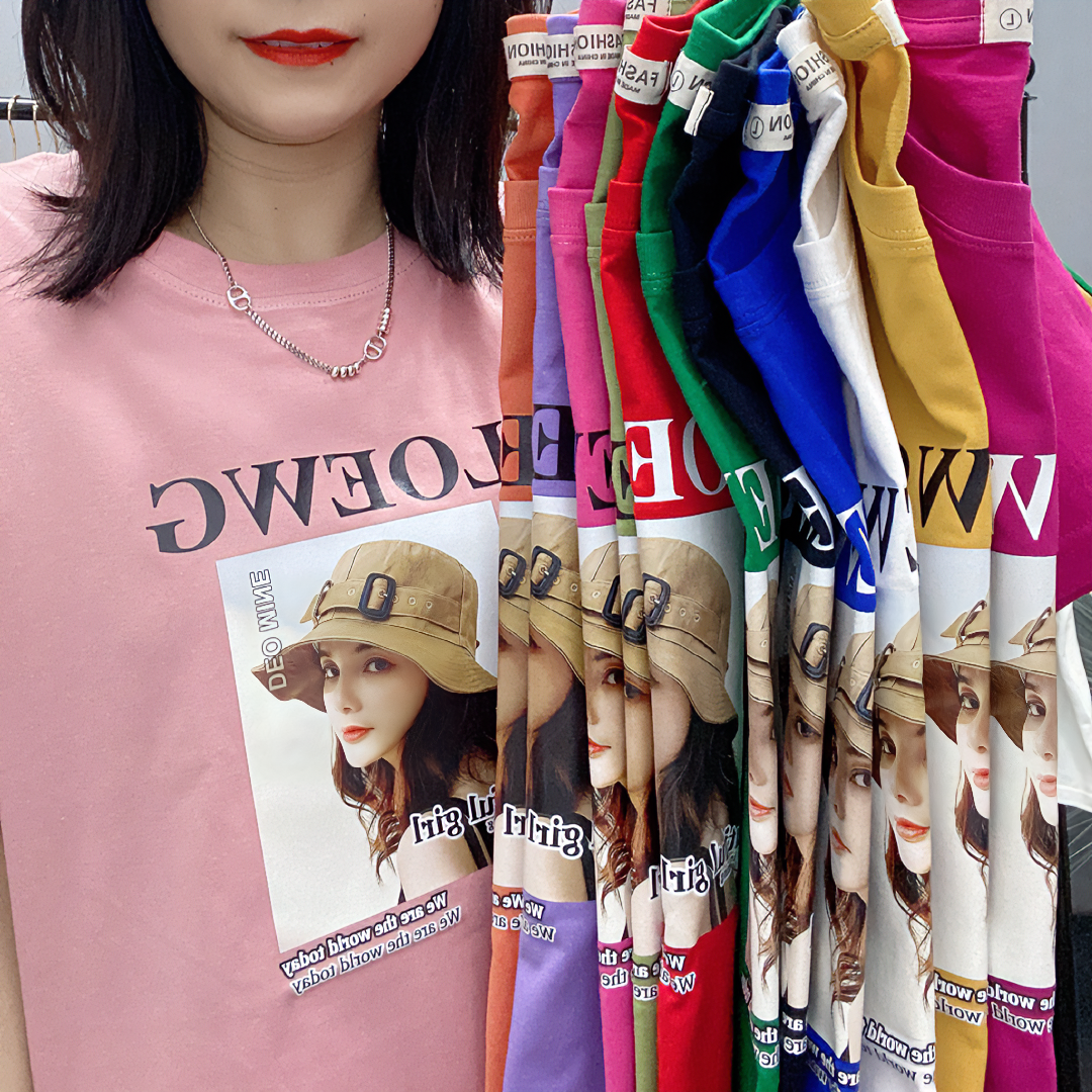 女款 彩色 纯棉T恤 【美女】印花夏季圆领时尚百搭短袖休闲