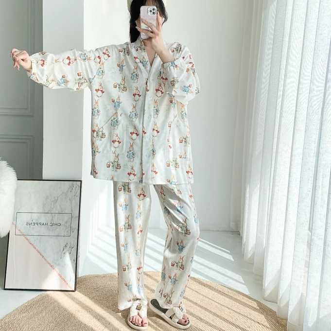 加厚V领卡通婴儿棉睡衣女秋冬韩版开扣加大码宽松胖MM200斤家居服