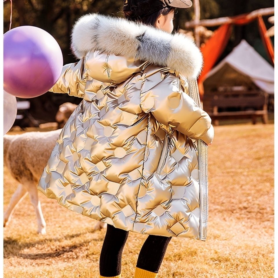 鸭鸭儿童羽绒服女童中长款童装2023新款洋气冬装外套亮皮免洗
