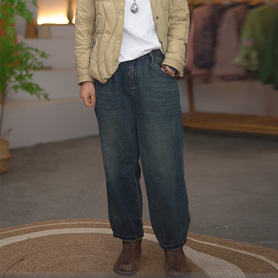 【加绒版】新款时尚牛仔裤显瘦宽松百搭女萝卜裤阔腿休闲哈伦裤子