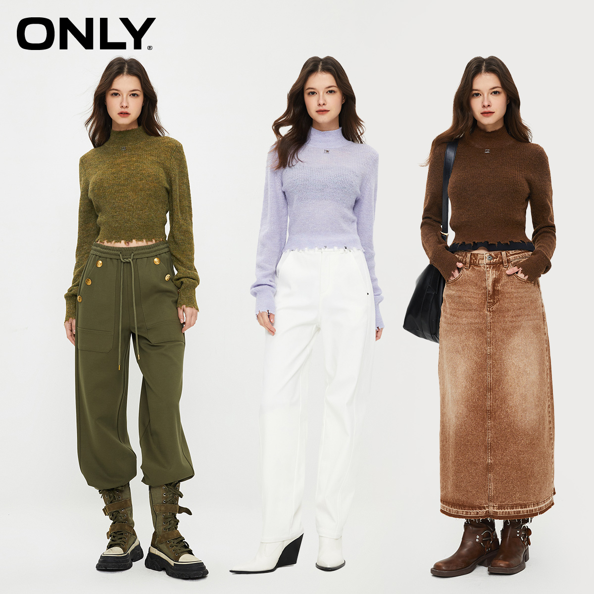 ONLY秋季新款复古小高领修身显瘦百搭短款长袖针织衫女|124124004