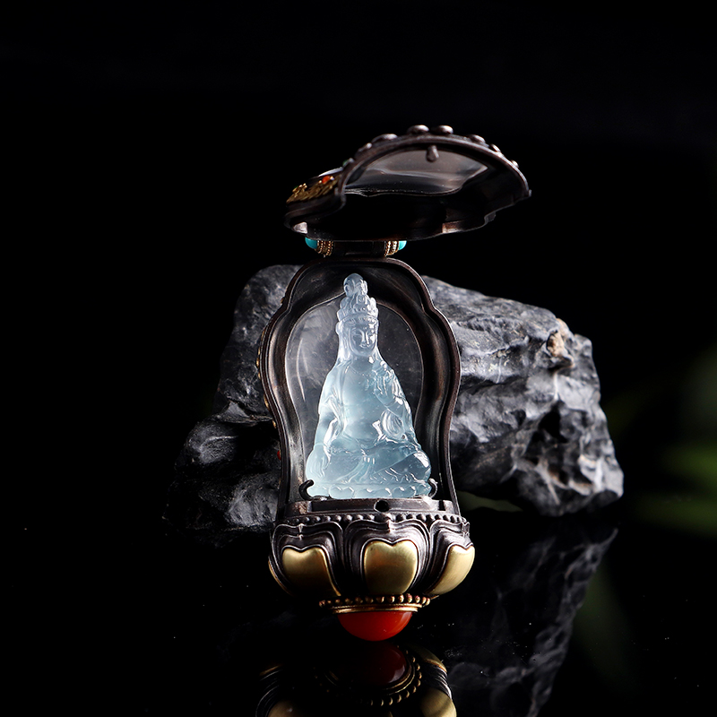 名玉艺术 天然缅甸翡翠 18K金镶嵌吊坠 冰种翡翠 观音 设计挂件