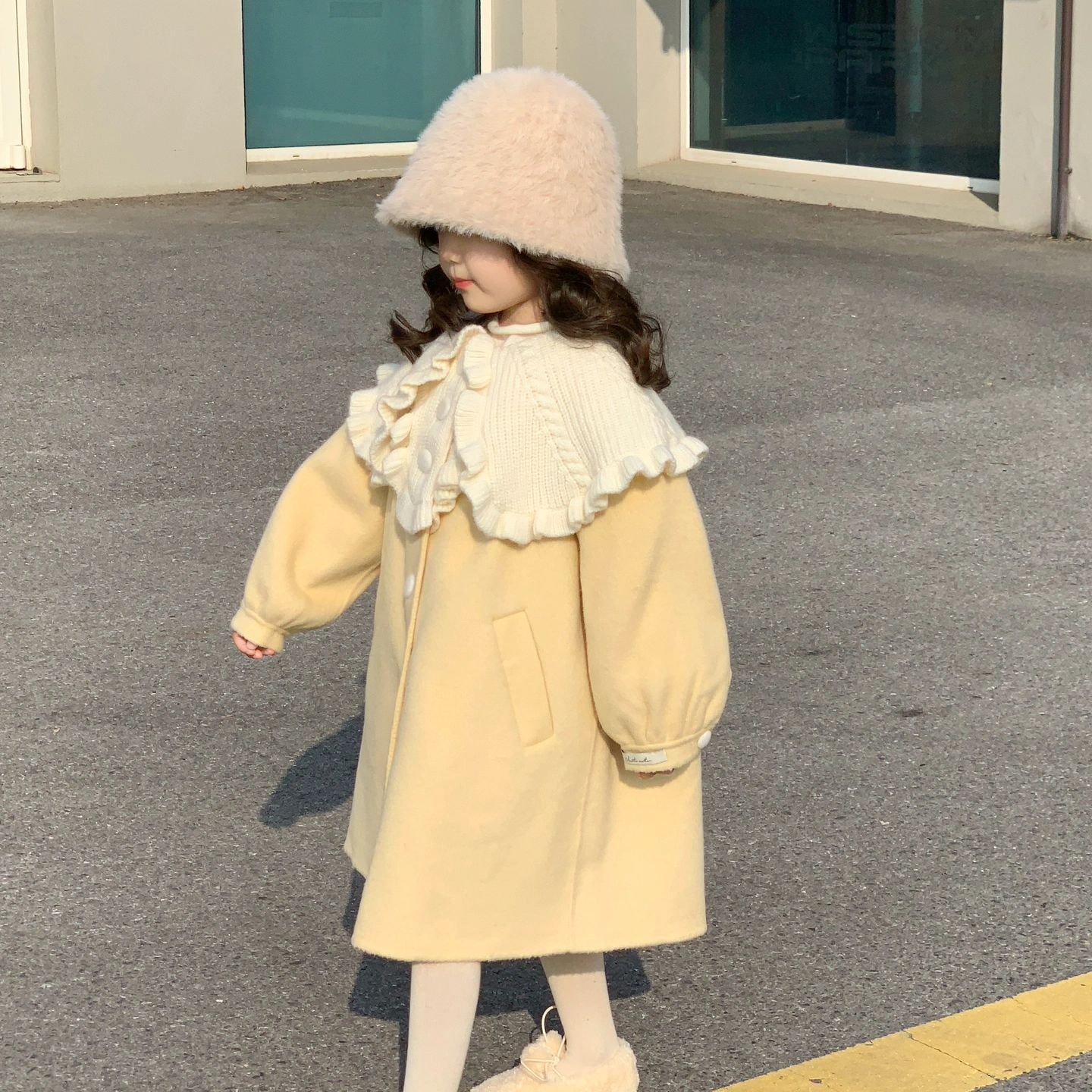 童装加绒女童冬季洋气儿童毛呢外套中长款针织拼接大衣