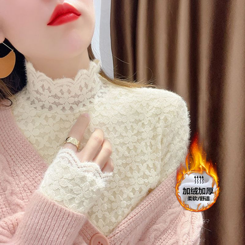 加绒秋冬季新款加厚蕾丝打底衫女高领内搭显瘦洋气柔软长袖上衣服