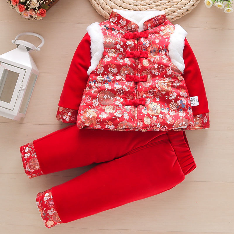 唐装女童冬装1岁2岁3岁6月周岁女宝宝周岁礼服套装加绒加厚拜年服