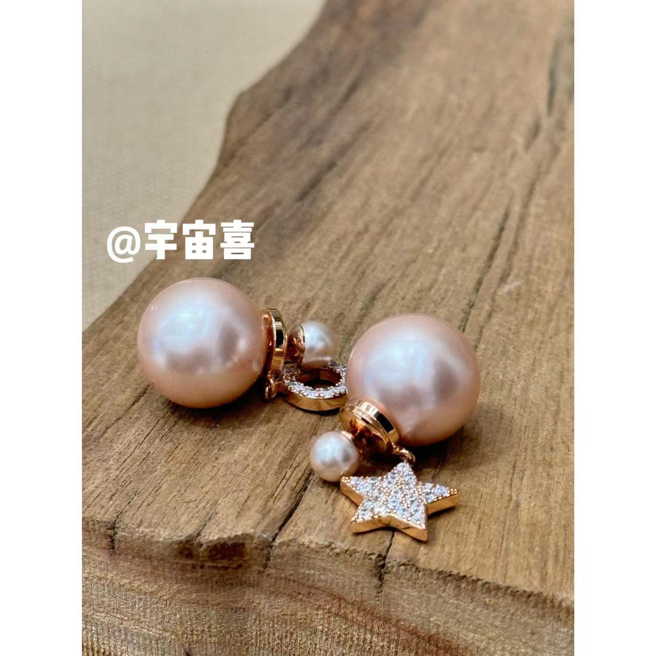 铜合金锆石耳饰 铜合金锆石耳饰 D4-036【粉金色贝珠锆石耳环】