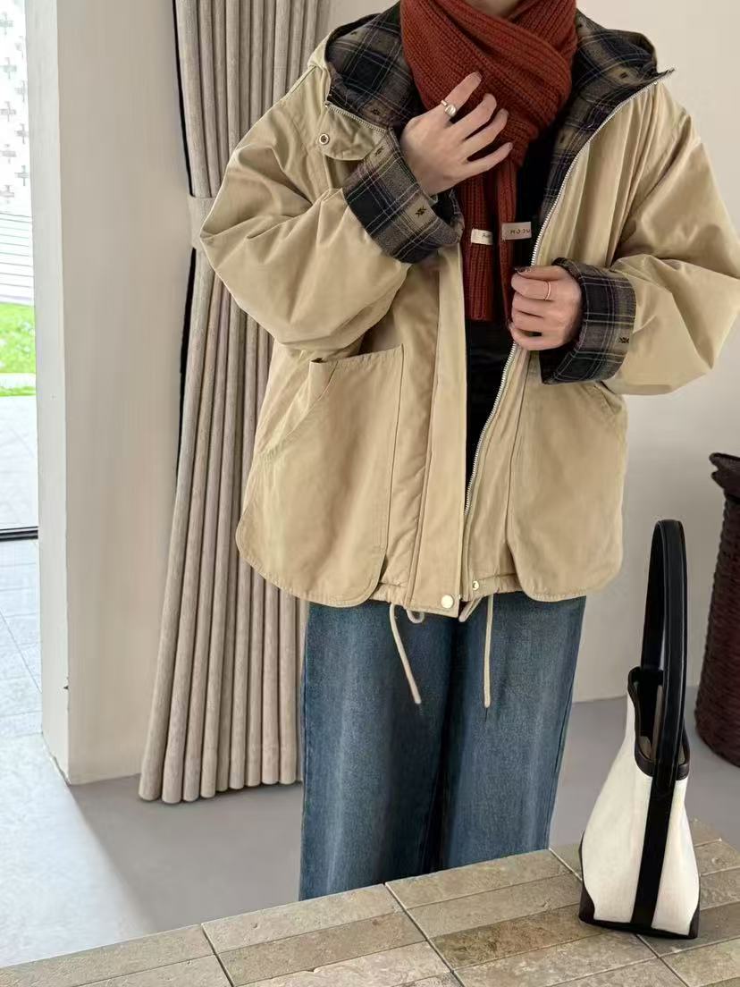 彩云2024加厚保暖工装格子连帽棉服女宽松休闲夹棉外套时尚大码女