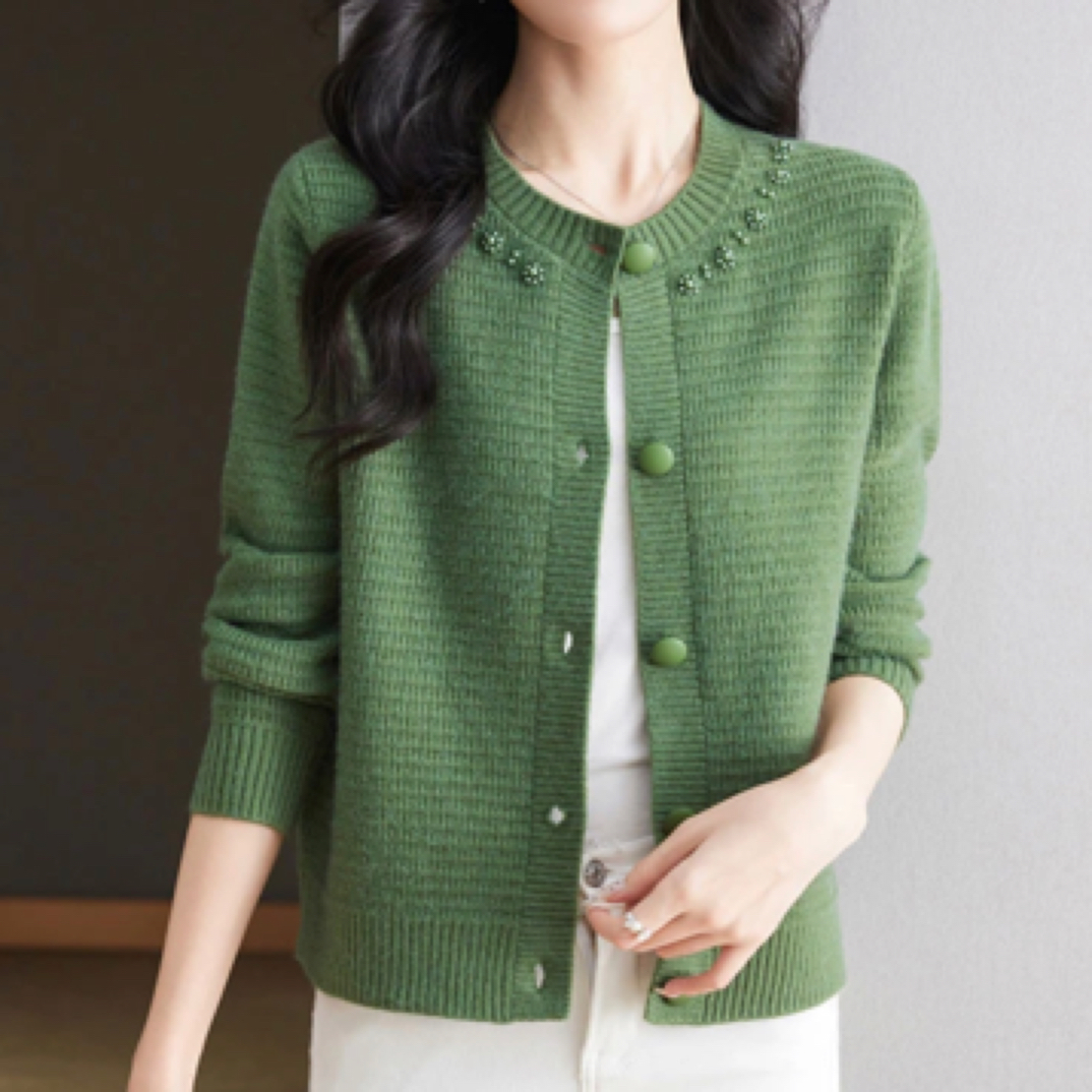 春秋新款女式针织开衫小外套时尚单排扣钉珠圆领针织衫休闲女装