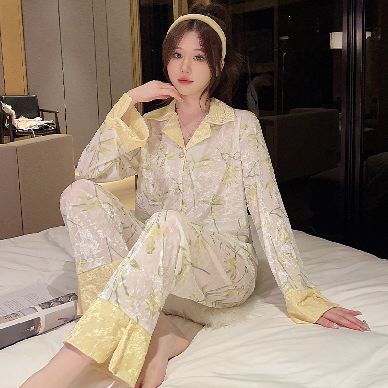 【金丝绒】秋冬新款加绒睡衣女翻领秋季金钻绒女士家居服开衫套装