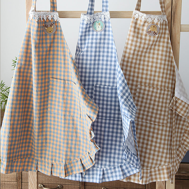 格子围裙带兜韩版时尚厨房防水防污挂脖半身围裙可爱女生