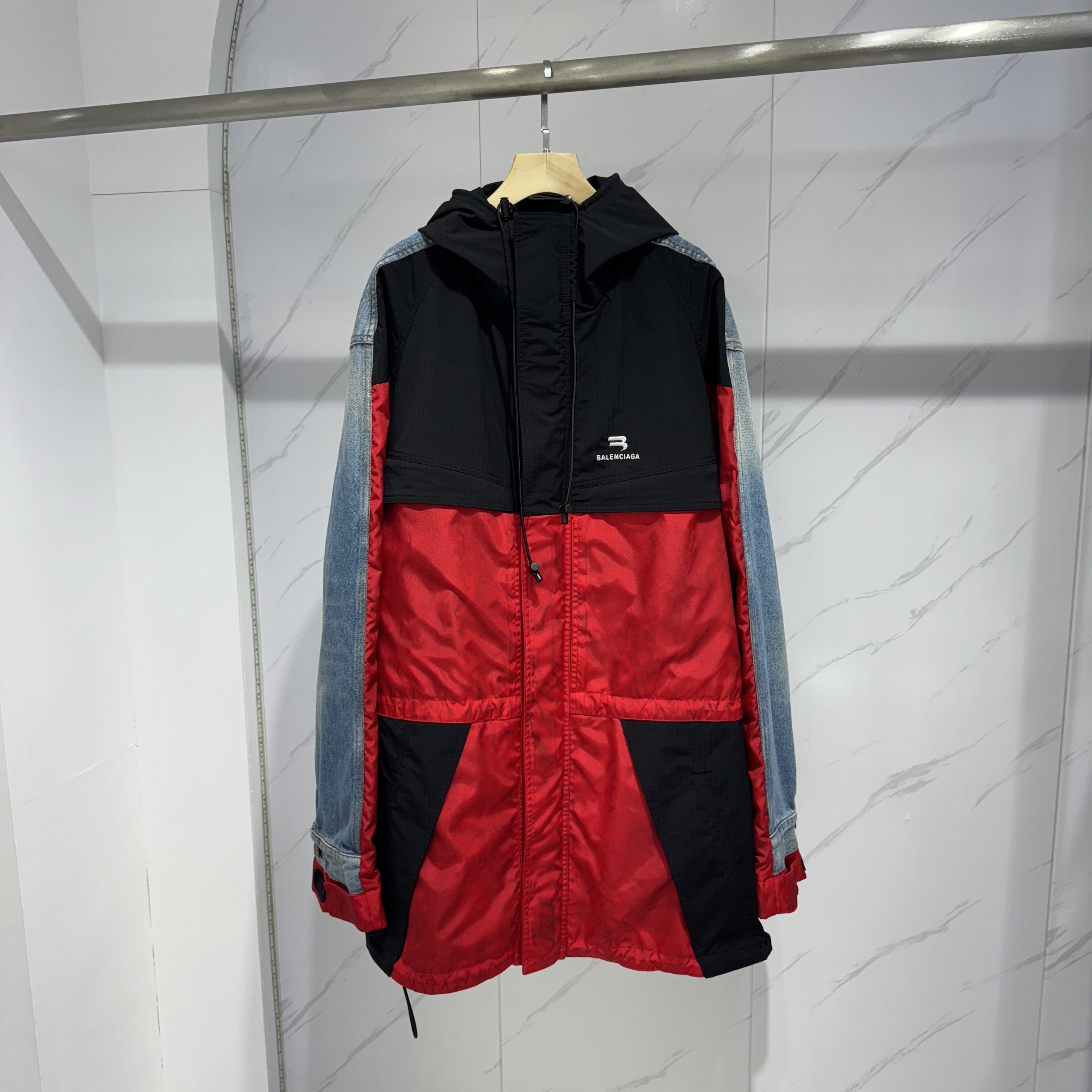 95新 Balenciaga/巴黎世家 秀款Hybrid牛仔派克拼接做旧大衣/S码