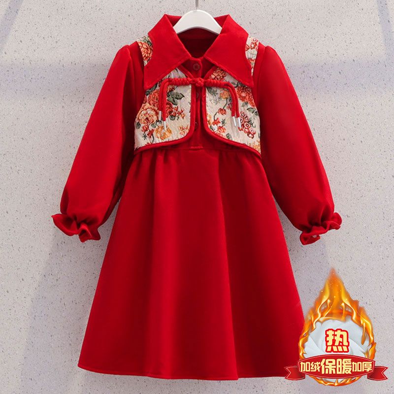 女童加绒连衣裙冬季儿童红色中国风过年公主裙子女孩新年装拜年服