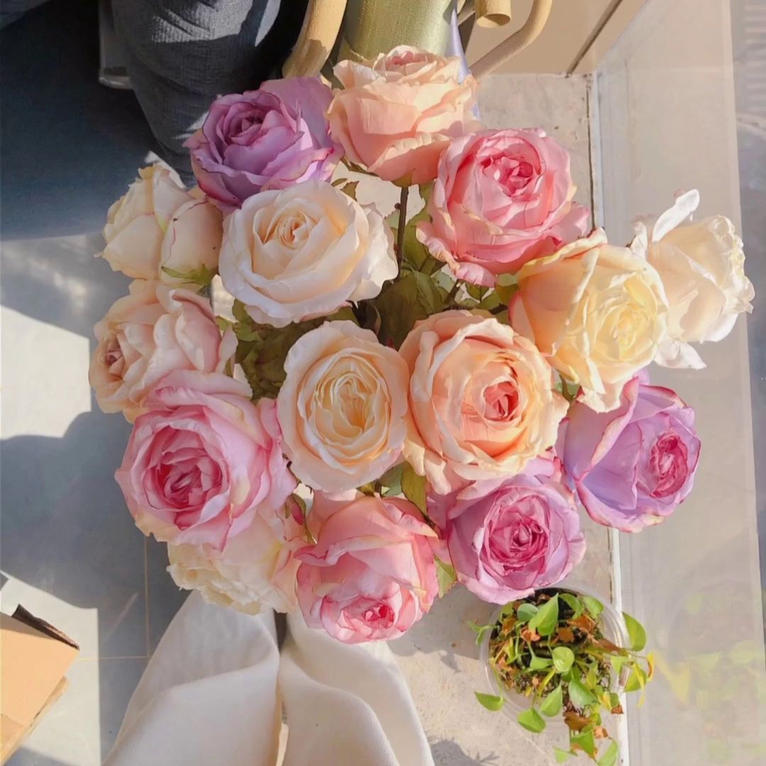 韩式焦边玫瑰仿真花油画色假花客厅家居装饰电视柜摆设摄影道具