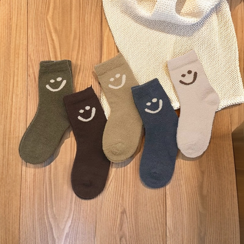 爱嘀嗒儿童袜子冬季加绒加厚保暖毛圈袜中大童宝宝卡通笑脸高腰袜