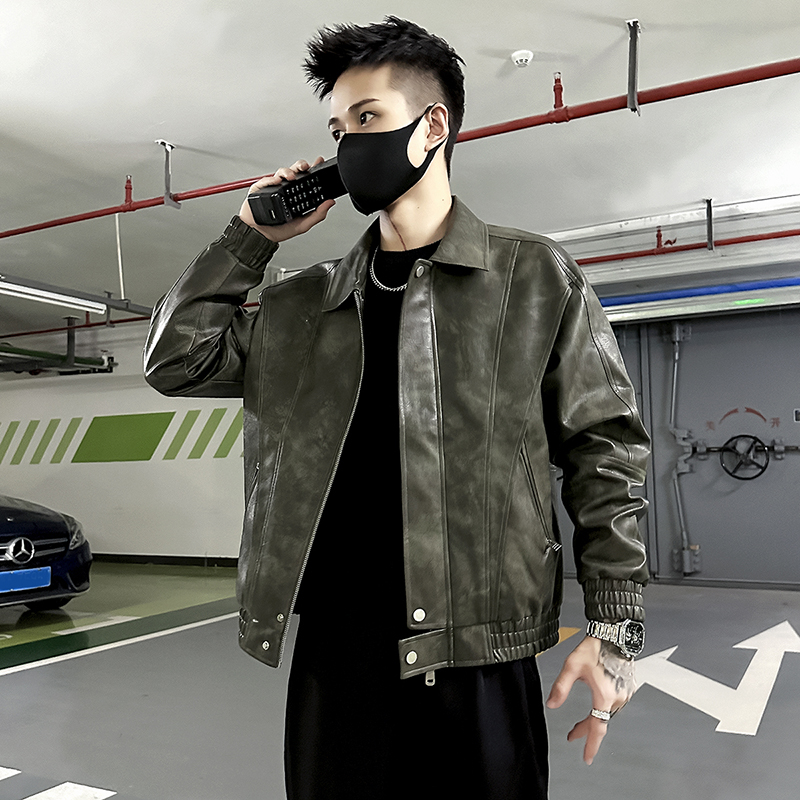 春秋季做旧皮衣外套男潮牌痞帅机车服2023新款男装上衣翻领皮夹克