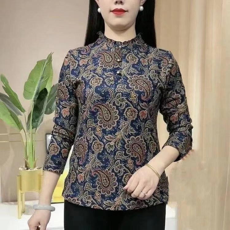 2024妈妈装秋冬加绒保暖碎花打底衫中老年女装长袖立领复古小衫