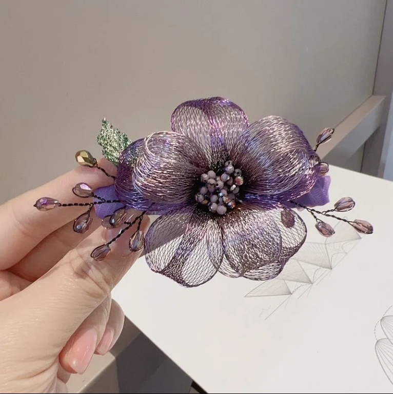 温婉双色渐变浪漫花朵发夹气质手工优雅弹簧夹顶夹发饰头饰