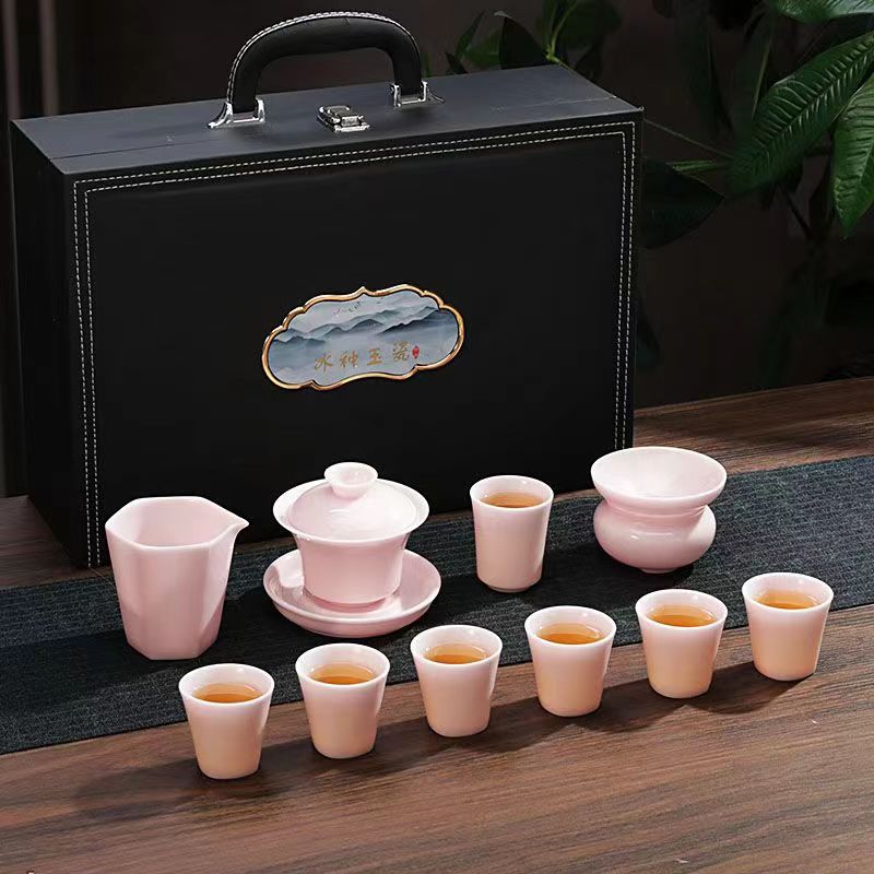 粉色高档冰种玉瓷盖碗茶杯套装轻奢家用白瓷会客泡茶功夫茶具简约