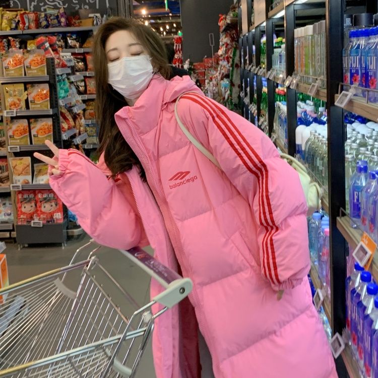 反季羽绒棉服三条杠粉色长款过膝高级感加厚棉袄宽松连帽外套爆款