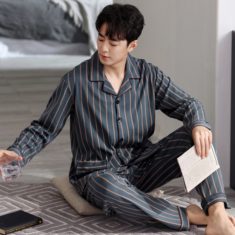 【纯棉】新品条纹款春秋季男士长袖全棉睡衣套装家居服开衫款宽松